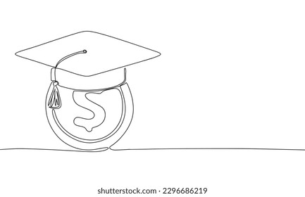 Graduation cap on coin, one line continuous illustration. Line art graduation, cost education vector.