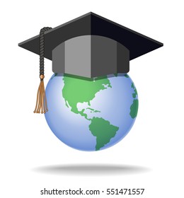 Graduation cap on earth globe. Vector isolated illustration