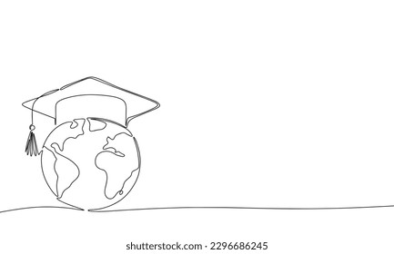 Graduation cap on earth, one line continuous illustration. Line art graduation international education concept vector.