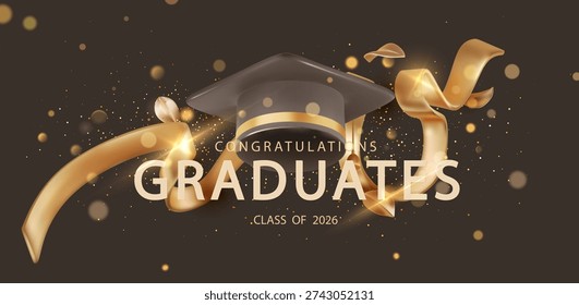 Graduation cap on elegant background with gold confetti. Perfect for celebrating academic achievement, ceremony invitations, or educational success banners.