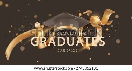 Graduation cap on elegant background with gold confetti. Perfect for celebrating academic achievement, ceremony invitations, or educational success banners.