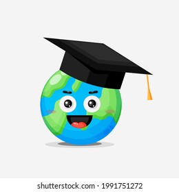 A graduation cap on a globe with a happy expression