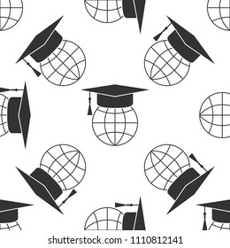 Graduation cap on globe icon seamless pattern on white background. World education symbol. Online learning or e-learning concept. Flat design. Vector Illustration