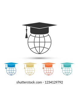 Graduation cap on globe icon isolated on white background. World education symbol. Online learning or e-learning concept. Set elements in colored icons. Flat design. Vector Illustration