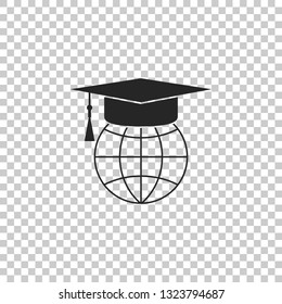 Graduation cap on globe icon isolated on transparent background. World education symbol. Online learning or e-learning concept. Flat design. Vector Illustration