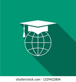 Graduation cap on globe icon isolated with long shadow. World education symbol. Online learning or e-learning concept. Flat design. Vector Illustration