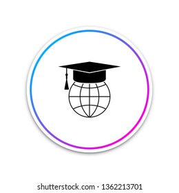 Graduation cap on globe icon isolated on white background. World education symbol. Online learning or e-learning concept. Circle white button. Vector Illustration