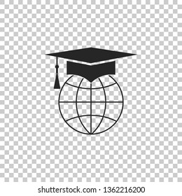 Graduation cap on globe icon isolated on transparent background. World education symbol. Online learning or e-learning concept. Flat design. Vector Illustration