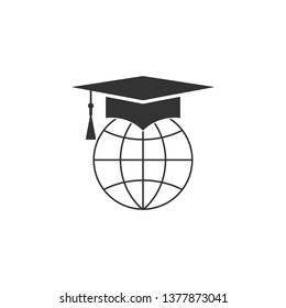 Graduation cap on globe icon isolated. World education symbol. Online learning or e-learning concept. Flat design. Vector Illustration