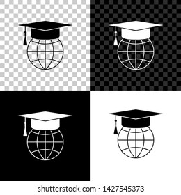 Graduation cap on globe icon isolated on black, white and transparent background. World education symbol. Online learning or e-learning concept. Vector Illustration