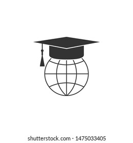 Graduation cap on globe icon isolated. World education symbol. Online learning or e-learning concept. Flat design. Vector Illustration