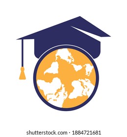 Graduation cap on globe icon vector illustration. Abroad Education logo vector template design.