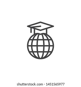 Graduation cap on globe line icon. linear style sign for mobile concept and web design. Earth globe with academic cap outline vector icon. Online learning and elearning symbol, logo illustration.