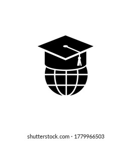 Graduation Cap on Globe, Online World Education. Flat Vector Icon illustration. Simple black symbol on white background. Cap, Online World Education sign design template for web and mobile UI element