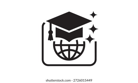 Graduation cap on a globe with sparkles symbolizing education and achievement in a modern flat design