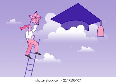 Graduation cap on high cloud with ladder. cost and expense to graduate high degree education. High education. Looking to the future after graduation. Vector outline flat design illustration.