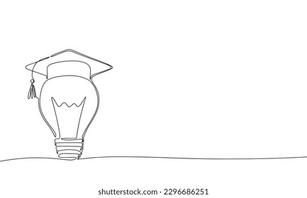 Graduation cap on lamp bulb one line continuous illustration. Line art graduation education idea concept vector.