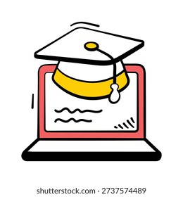 Graduation cap on laptop denoting elearning, digital classes and virtual education doodle style icon