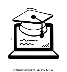 Graduation cap on laptop denoting elearning, digital classes and virtual education doodle style icon