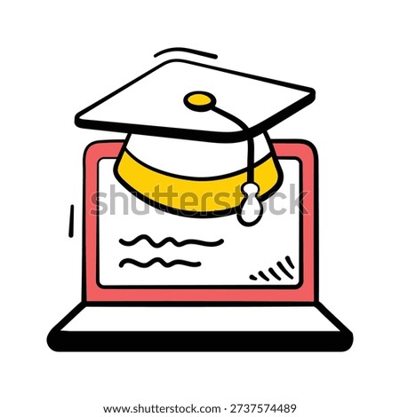 Graduation cap on laptop denoting elearning, digital classes and virtual education doodle style icon