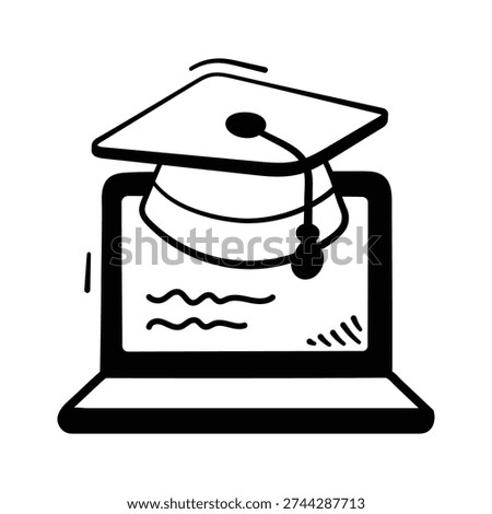 Graduation cap on laptop denoting elearning, digital classes and virtual education doodle style icon