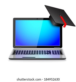 graduation cap on laptop - e-learning 3d concept 