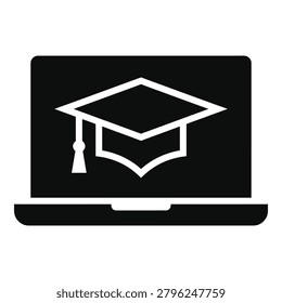 Graduation cap on laptop screen symbolizing online education and learning graduation icon
