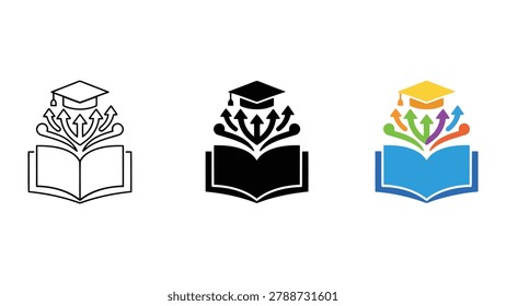 Graduation cap on open book with arrows icon set representing academic advancement and knowledge expansion
