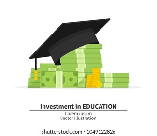 Graduation cap on pile of money and coins. Concept of education costs. Spending education money investment flat. Study cash. Tuition fees. Tax. Pay. Vector illustration