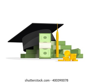 Graduation cap on pile of money and coins, concept of education costs, study cash, tuition fees, tax, pay, spending education money investment flat.