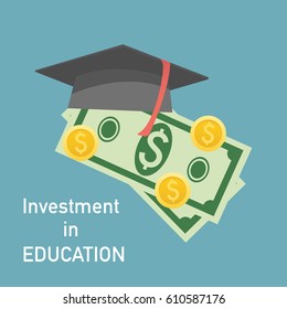 Graduation cap on pile of money and coins, concept of education costs, study cash, tuition fees, tax, pay, spending education money investment flat. - stock vector