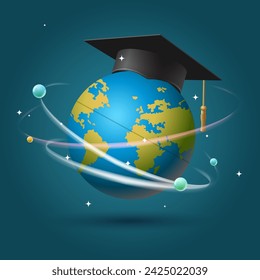 Tapa de graduación en el planeta Tierra Mundo globo. E-learning a distancia concepto de posgrado. Grado de educación en Internet, ilustración vectorial