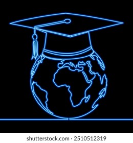 Graduation cap on planet Earth World globe. E-learning distance graduate concept. Internet education course degree icon neon glow vector illustration concept