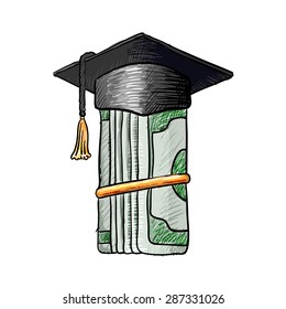 Graduation Cap On Roll Of Money. Sketch Vector Isolated Illustration