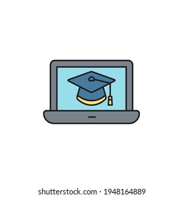 Graduation cap on screen laptop icon isolated background. Online learning or e-learning concept. Vector Illustration