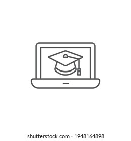 Graduation cap on screen laptop icon isolated background. Online learning or e-learning concept. Vector Illustration