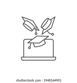 Graduation cap on screen laptop icon isolated background. Online learning or e-learning concept. Vector Illustration