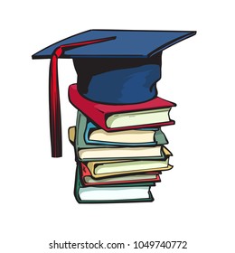 Graduation cap on stack of books. Education concept. Cartoon hand drawn vector illustration isolated on white background.