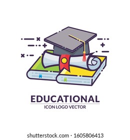 Graduation cap on stack of books. Educational and graduation concept. Vector illustration in flat and outline style