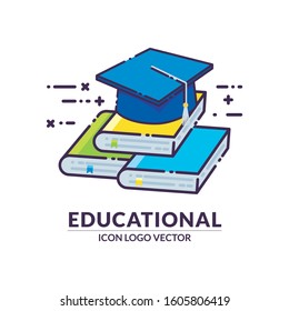 Graduation cap on stack of books. Educational and graduation concept. Vector illustration in flat and outline style