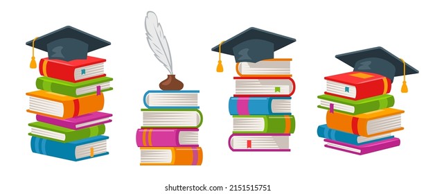 Graduation cap on stack of books. School, college symbol. Higher education or learning vector concept