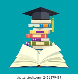 Graduation cap on stack of books. Academic and school knowledge, education and graduation. Reading, e-book, literature, encyclopedia. Vector illustration in flat style