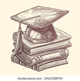 Graduation cap on stack of books. Education and studies concept. Clipart sketch drawing