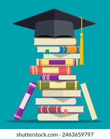 Graduation cap on stack of books. Academic and school knowledge, education and graduation. Reading, e-book, literature, encyclopedia. Vector illustration in flat style