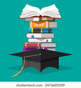 Graduation cap on stack of books. Academic and school knowledge, education and graduation. Reading, e-book, literature, encyclopedia. Vector illustration in flat style