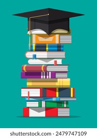 Graduation cap on stack of books. Academic and school knowledge, education and graduation. Reading, e-book, literature, encyclopedia. Vector illustration in flat style