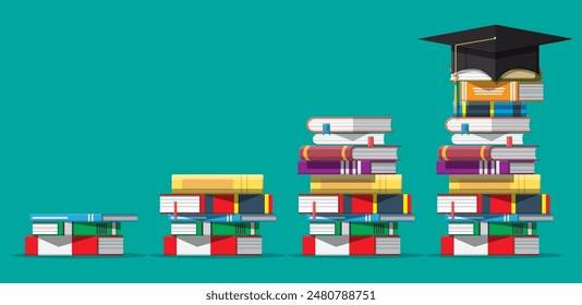 Graduation cap on stack of books. Academic and school knowledge, education and graduation. Reading, e-book, literature, encyclopedia. Vector illustration in flat style