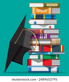 Graduation cap on stack of books. Academic and school knowledge, education and graduation. Reading, e-book, literature, encyclopedia. Vector illustration in flat style