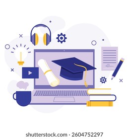 Graduation cap on stack of books. Education and graduation concept. Vector illustration in flat style.