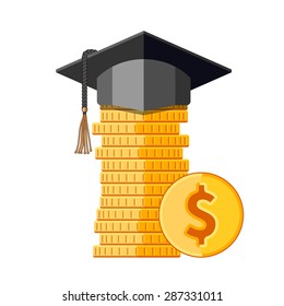 Graduation cap on stack of coins. Flat style vector isolated illustration